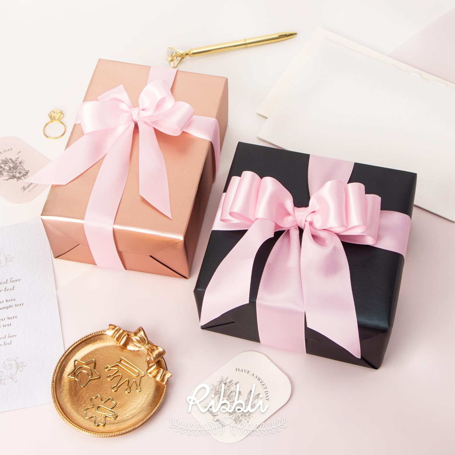 Ribbli Double Faced Rose Gold Satin Ribbon,3/8 x Continuous 25 Yards,Use for Bows Bouquet,Gift Wrapping,Floral Arrangement(Pink Light)