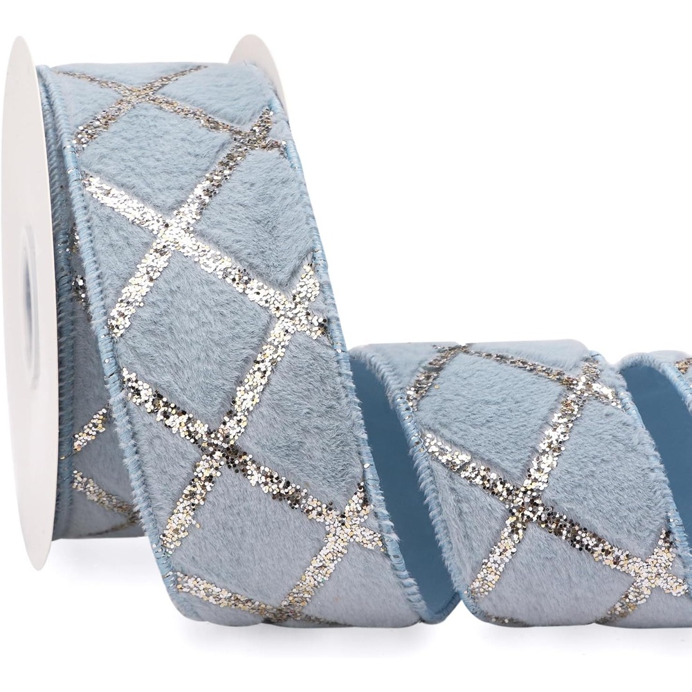 Ribbli White Fluffy Velvet Wired Ribbon with Champagne Gold Foil 4 Inch Christmas Ribbon for Gift Wrapping Topper Bow Christmas Tree Decoration Crafts Wreaths Supplies-Continuous 10 Yards(Dusty Blue)