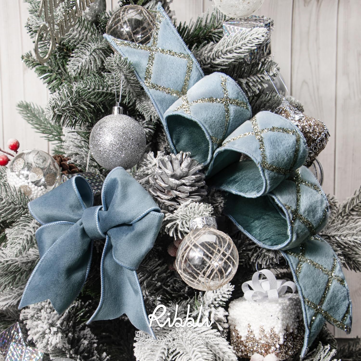Ribbli White Fluffy Velvet Wired Ribbon with Champagne Gold Foil 4 Inch Christmas Ribbon for Gift Wrapping Topper Bow Christmas Tree Decoration Crafts Wreaths Supplies-Continuous 10 Yards(Dusty Blue)
