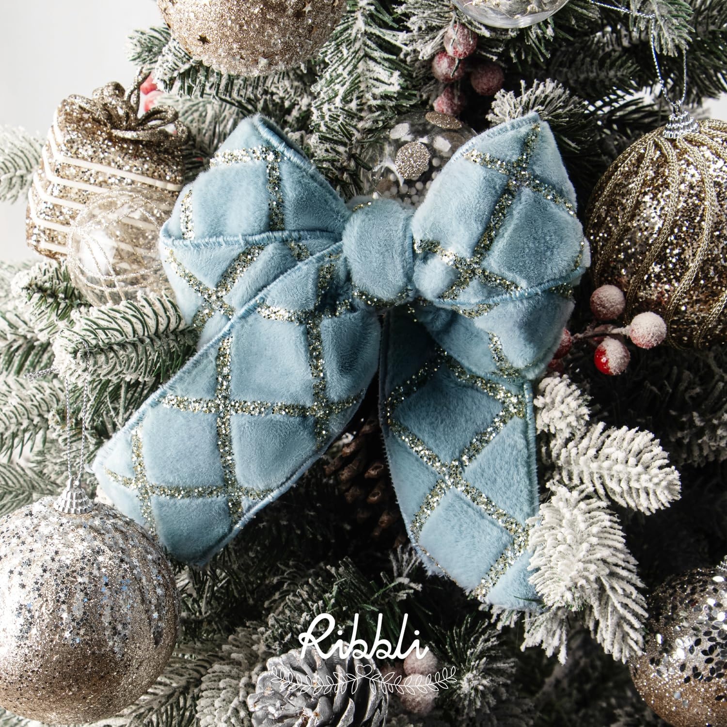 Ribbli White Fluffy Velvet Wired Ribbon with Champagne Gold Foil 4 Inch Christmas Ribbon for Gift Wrapping Topper Bow Christmas Tree Decoration Crafts Wreaths Supplies-Continuous 10 Yards(Dusty Blue)
