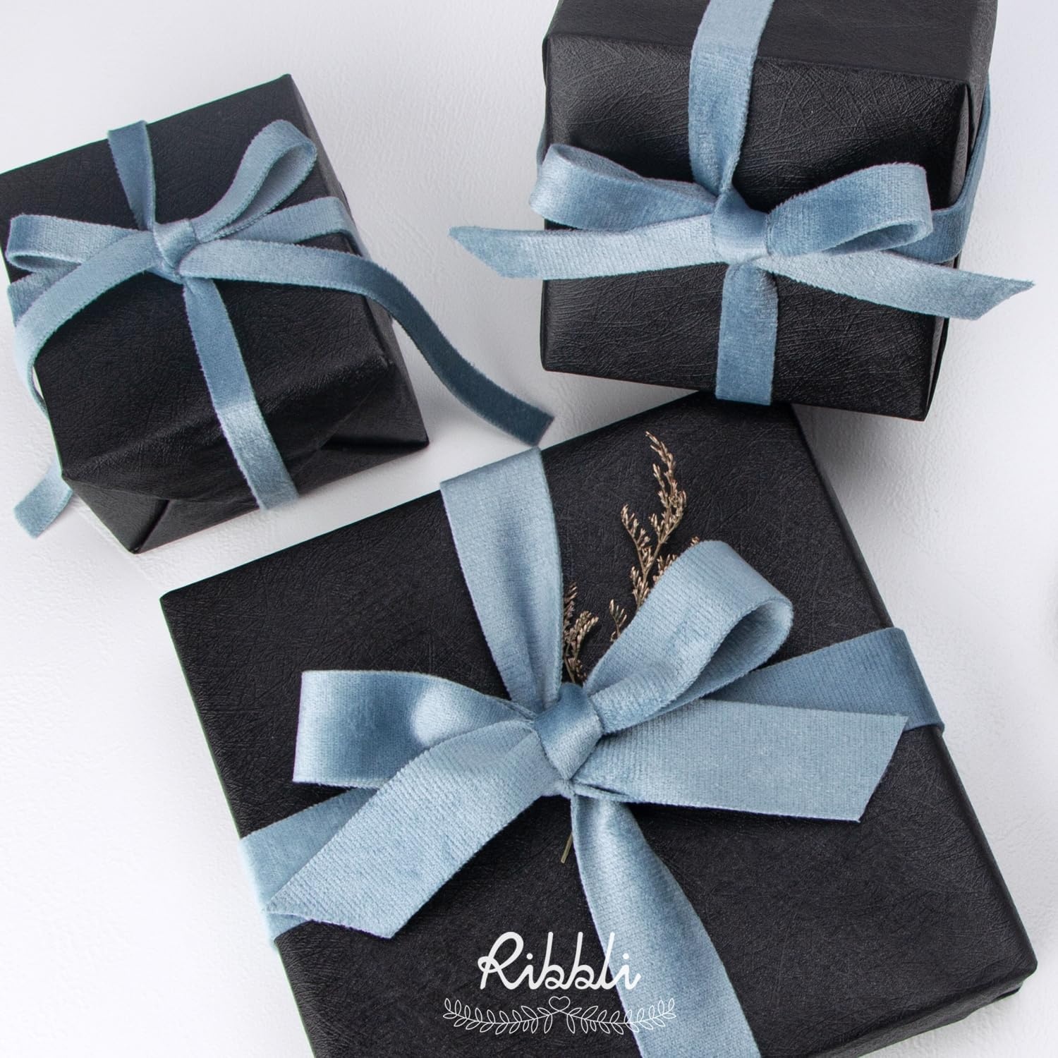 Ribbli Antique Gold Velvet Ribbon Double Faced 1 Inch 10-Yard Spool Gold Ribbon Use for Christmas Tree Ornaments Gift Wrapping Wreath Decoration Wedding Boutonnieres(Lt.Dusty BLue)