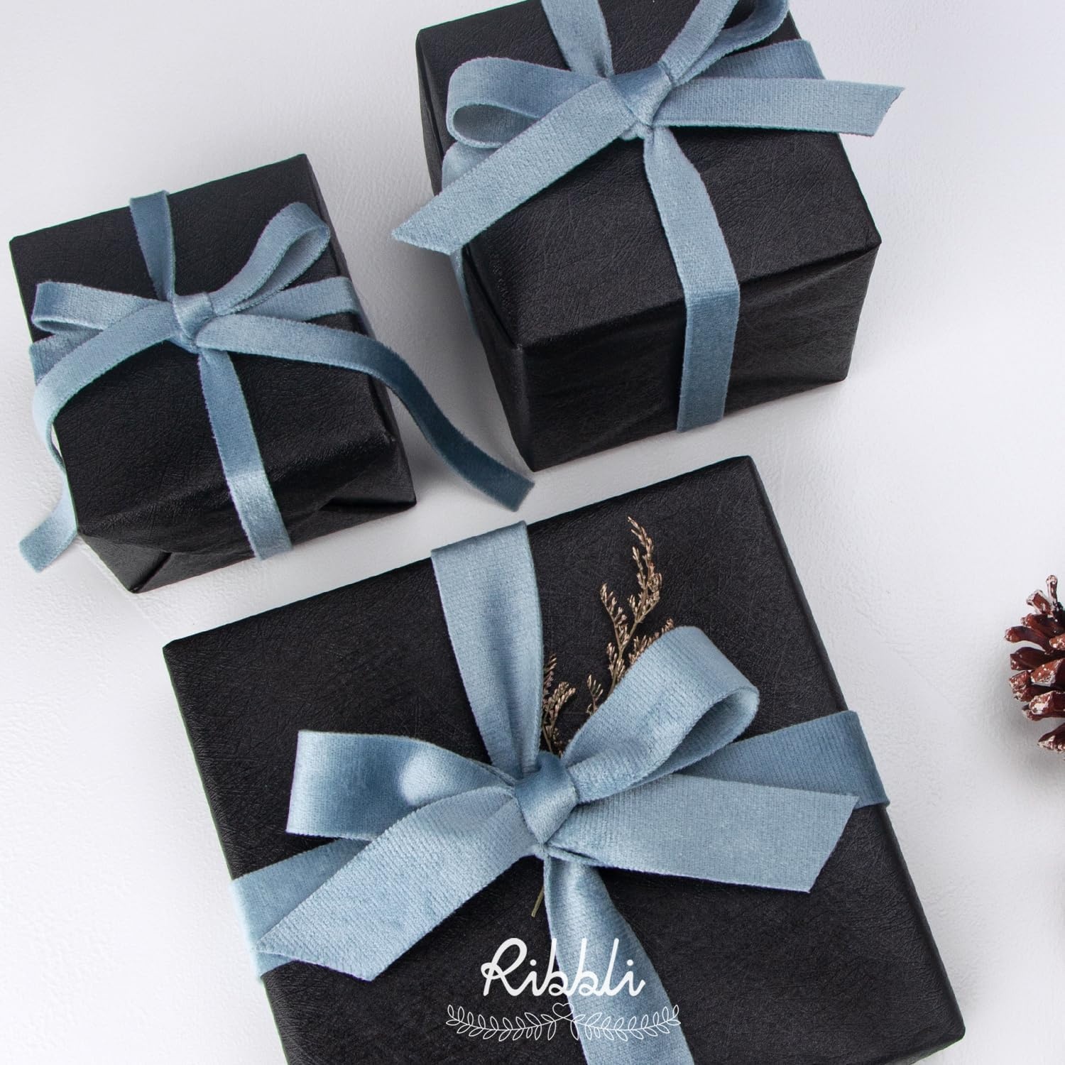 Ribbli Antique Gold Velvet Ribbon Double Faced 1 Inch 10-Yard Spool Gold Ribbon Use for Christmas Tree Ornaments Gift Wrapping Wreath Decoration Wedding Boutonnieres(Lt.Dusty BLue)