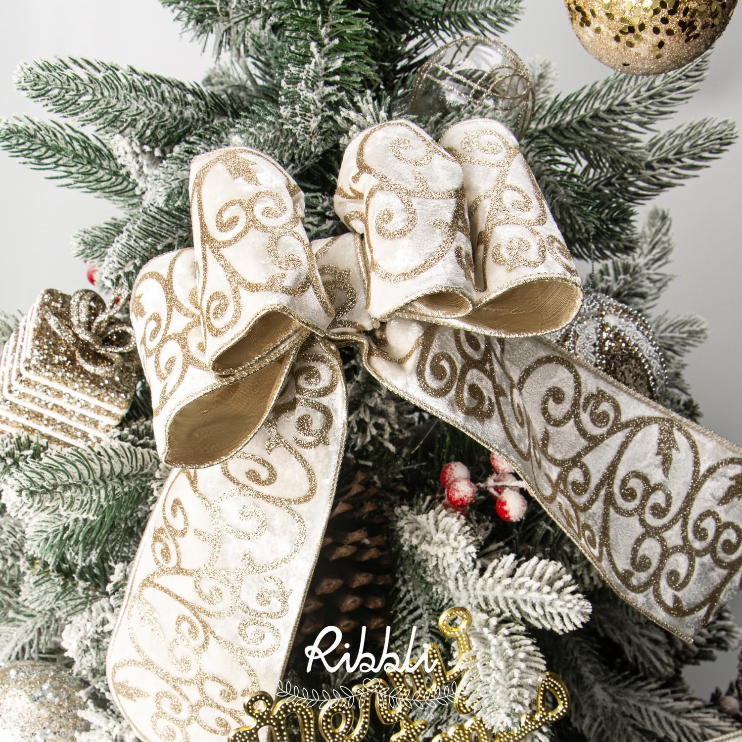 Ribbli Sage Green Velvet Ribbon Wired with Glitter Swirl 4 Inch Christmas Ribbon for Christmas Tree Decoration Big Bow Gift Wrapping Crafts Wreaths Supplies – 10 Yards(Ivory)