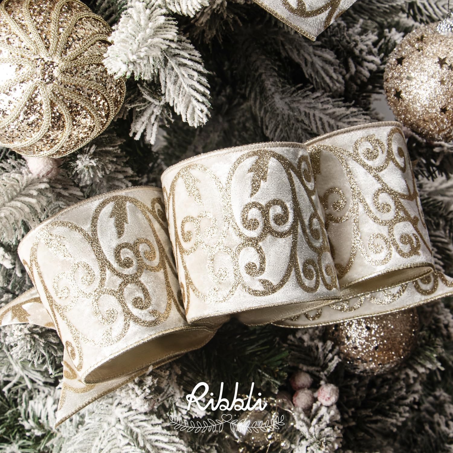 Ribbli Sage Green Velvet Ribbon Wired with Glitter Swirl 4 Inch Christmas Ribbon for Christmas Tree Decoration Big Bow Gift Wrapping Crafts Wreaths Supplies – 10 Yards(Ivory)