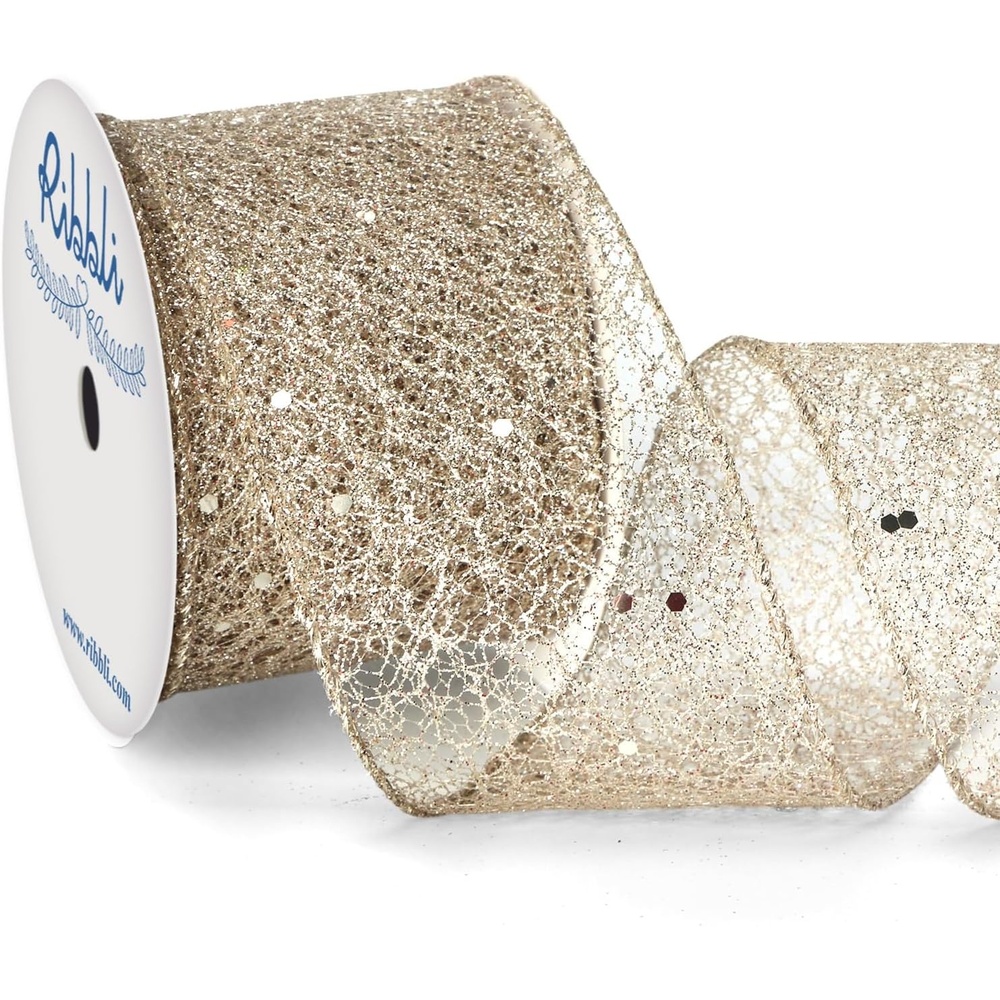 Ribbli Gold Glitter Wired Ribbon for Christmas Tree Fine Mesh Sparkling 2.5 Inch x 10 Yard Christmas Wired Ribbon for Gift Wrapping Crafts Wreath Supplies(Champagne Gold)