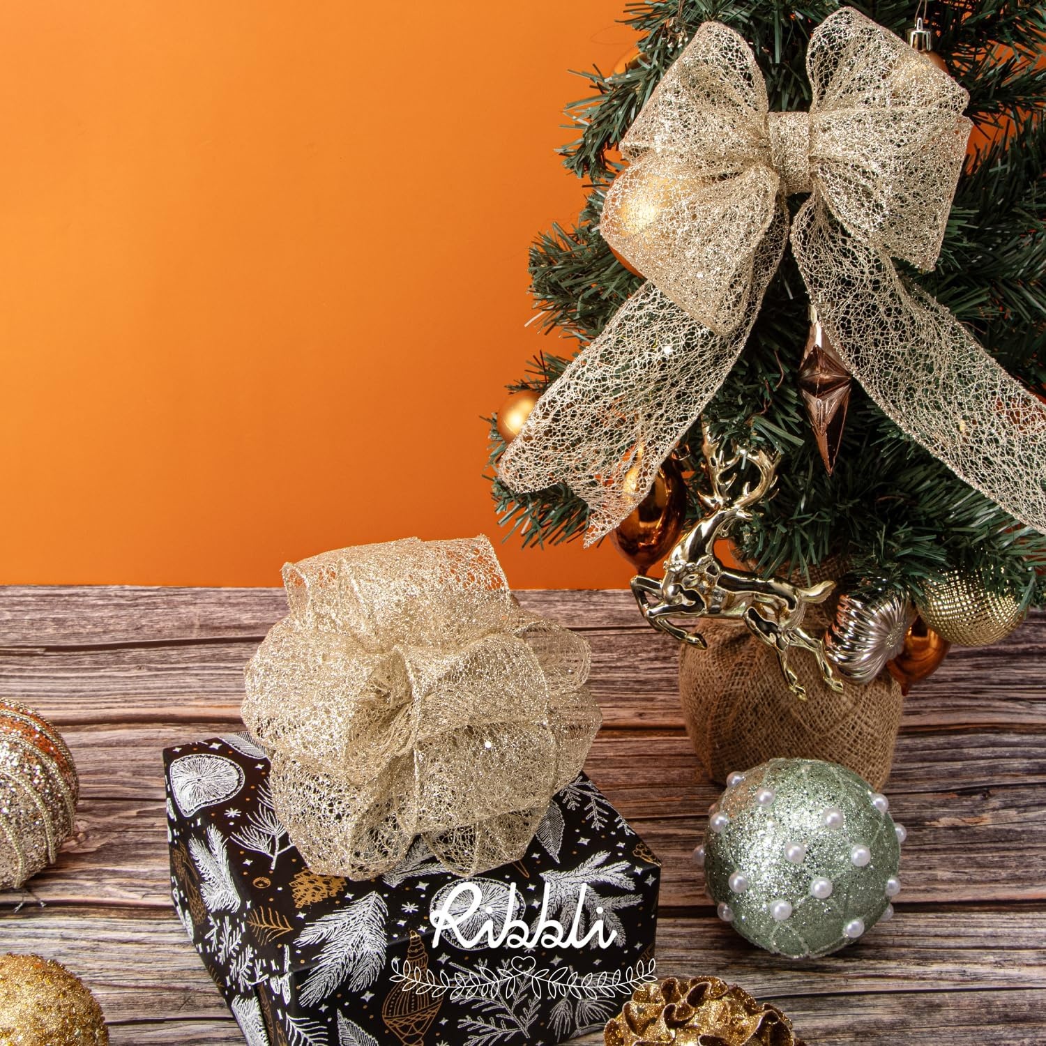 Ribbli Gold Glitter Wired Ribbon for Christmas Tree Fine Mesh Sparkling 2.5 Inch x 10 Yard Christmas Wired Ribbon for Gift Wrapping Crafts Wreath Supplies(Champagne Gold)