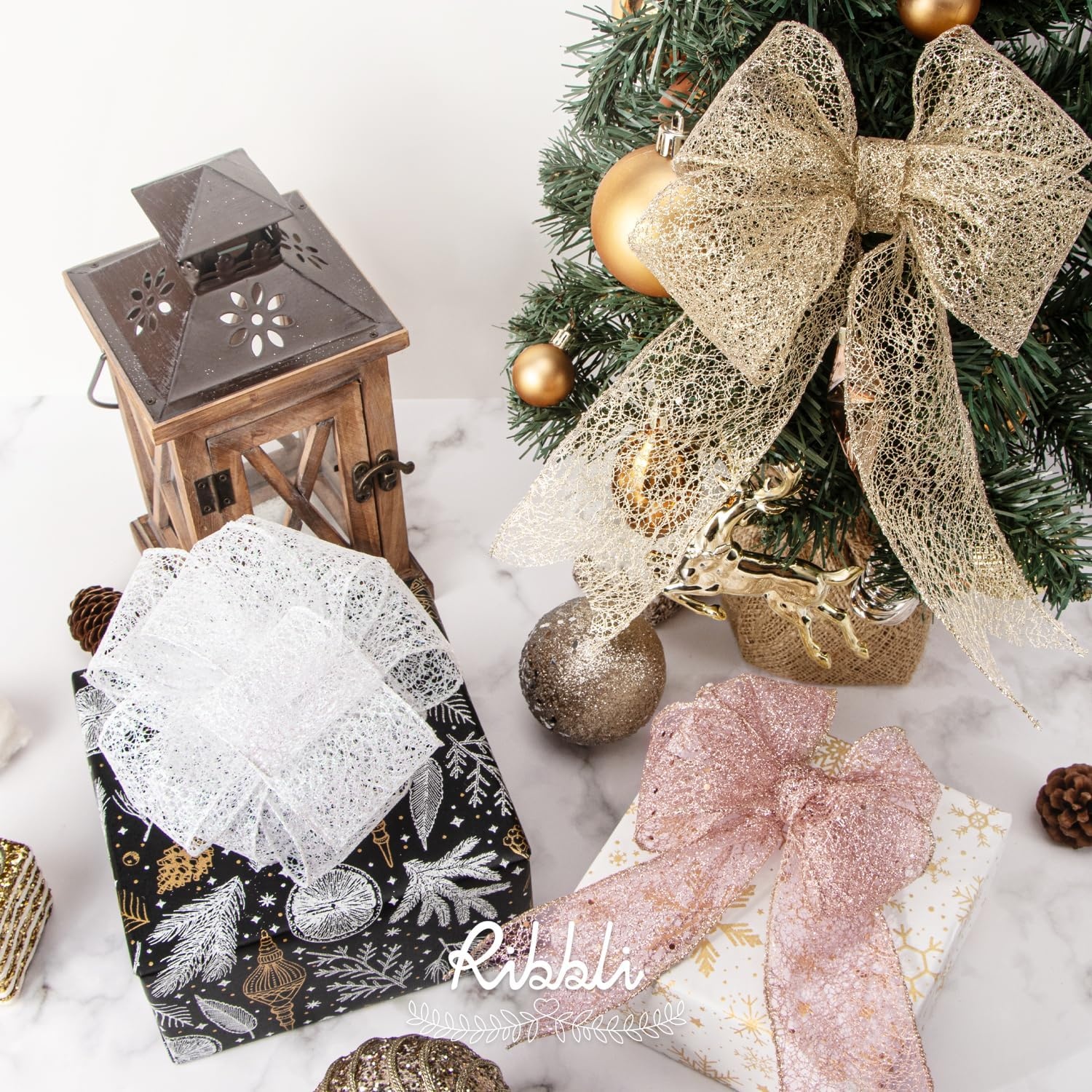 Ribbli Gold Glitter Wired Ribbon for Christmas Tree Fine Mesh Sparkling 2.5 Inch x 10 Yard Christmas Wired Ribbon for Gift Wrapping Crafts Wreath Supplies(Champagne Gold)