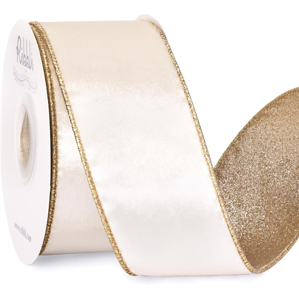 Ribbli Moss Green Velvet Ribbon Wired 2.5 Inch Glossy Velvet with Gold Glitter Christmas Ribbon for Christmas Tree Decoration Big Bow Gift Wrapping Crafts Wreaths Supplies – Continuous 10 Yards(Ivory)