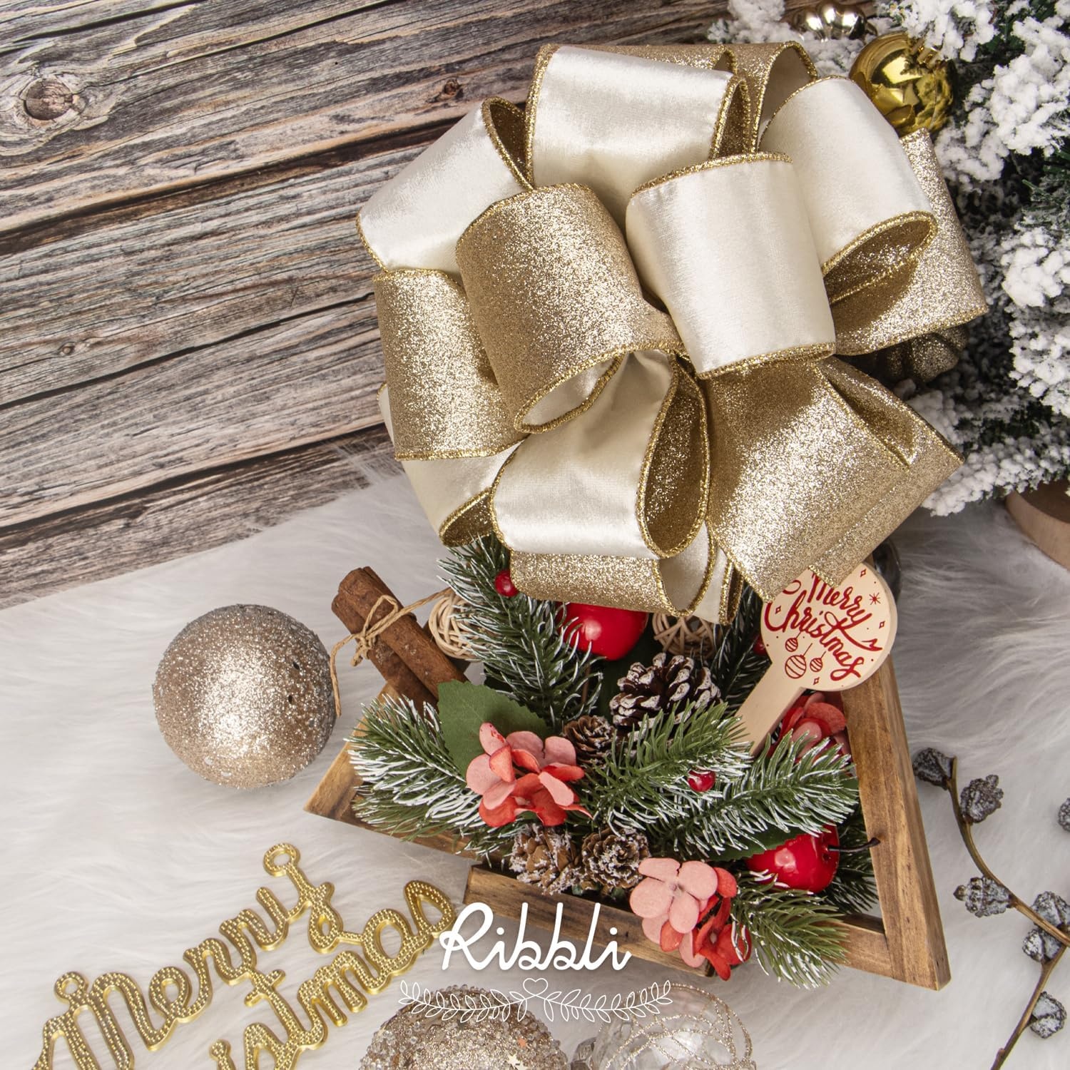 Ribbli Moss Green Velvet Ribbon Wired 2.5 Inch Glossy Velvet with Gold Glitter Christmas Ribbon for Christmas Tree Decoration Big Bow Gift Wrapping Crafts Wreaths Supplies – Continuous 10 Yards(Ivory)