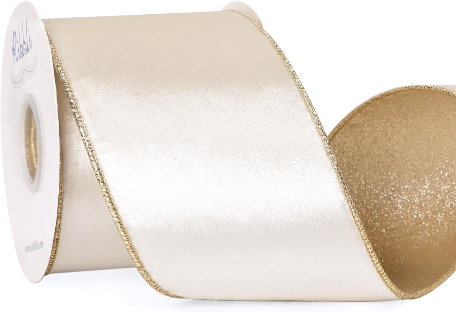 Ribbli Moss Green Velvet Ribbon Wired 2.5 Inch Glossy Velvet with Gold Glitter Christmas Ribbon for Christmas Tree Decoration Big Bow Gift Wrapping Crafts Wreaths Supplies – Continuous 10 Yards(Ivory)