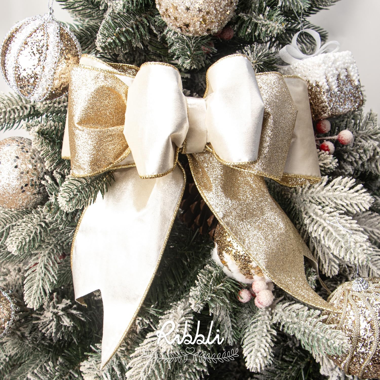 Ribbli Moss Green Velvet Ribbon Wired 2.5 Inch Glossy Velvet with Gold Glitter Christmas Ribbon for Christmas Tree Decoration Big Bow Gift Wrapping Crafts Wreaths Supplies – Continuous 10 Yards(Ivory)