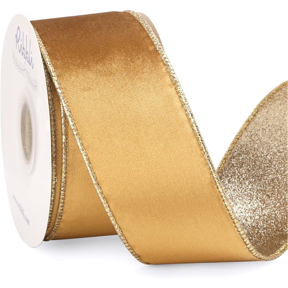 Ribbli Moss Green Velvet Ribbon Wired 2.5 Inch Glossy Velvet with Gold Glitter Christmas Ribbon for Christmas Tree Decoration Big Bow Gift Wrapping Crafts Wreaths Supplies – Continuous 10 Yards(Gold)