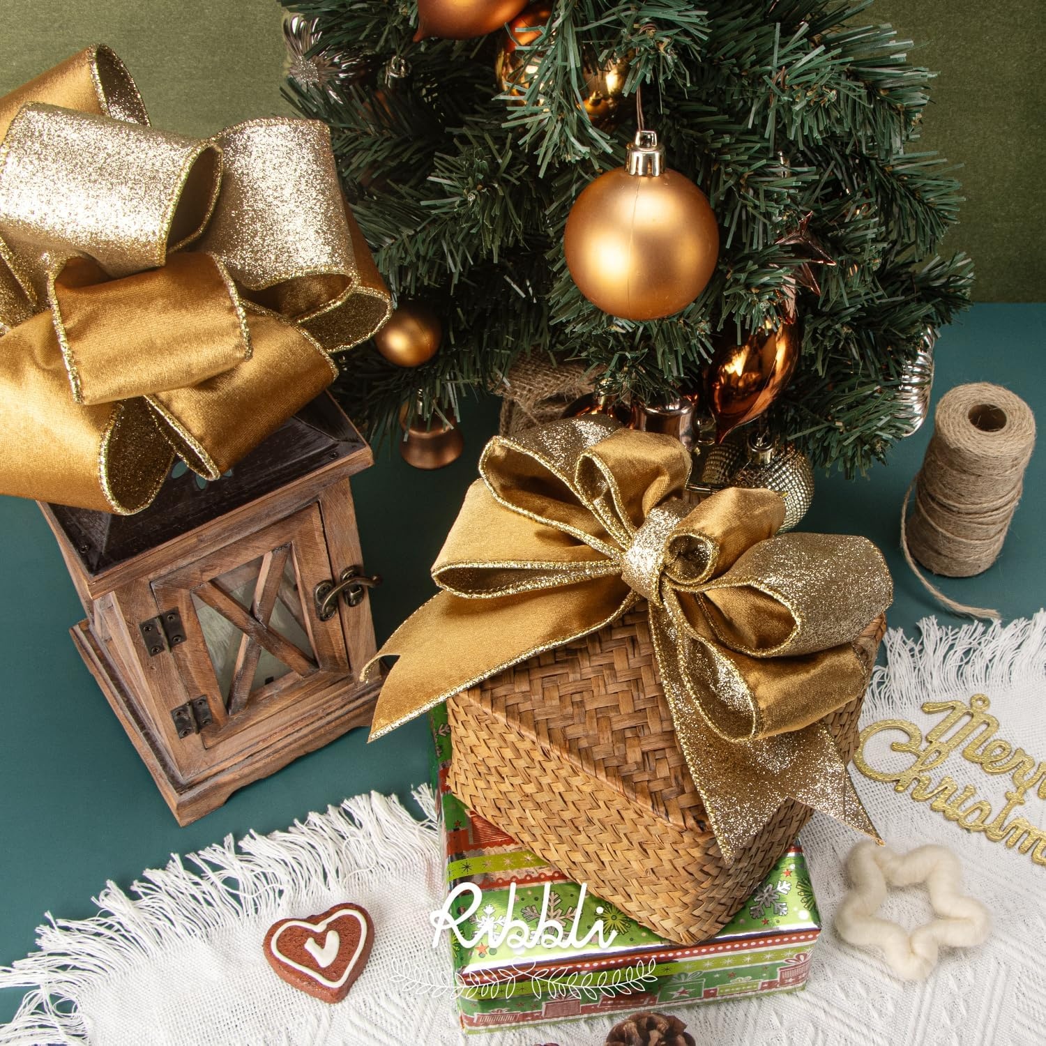 Ribbli Moss Green Velvet Ribbon Wired 2.5 Inch Glossy Velvet with Gold Glitter Christmas Ribbon for Christmas Tree Decoration Big Bow Gift Wrapping Crafts Wreaths Supplies – Continuous 10 Yards(Gold)