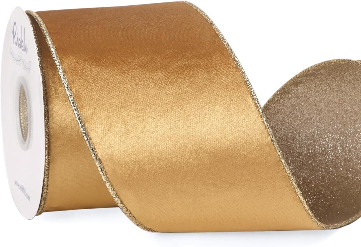Ribbli Moss Green Velvet Ribbon Wired 2.5 Inch Glossy Velvet with Gold Glitter Christmas Ribbon for Christmas Tree Decoration Big Bow Gift Wrapping Crafts Wreaths Supplies – Continuous 10 Yards(Gold)