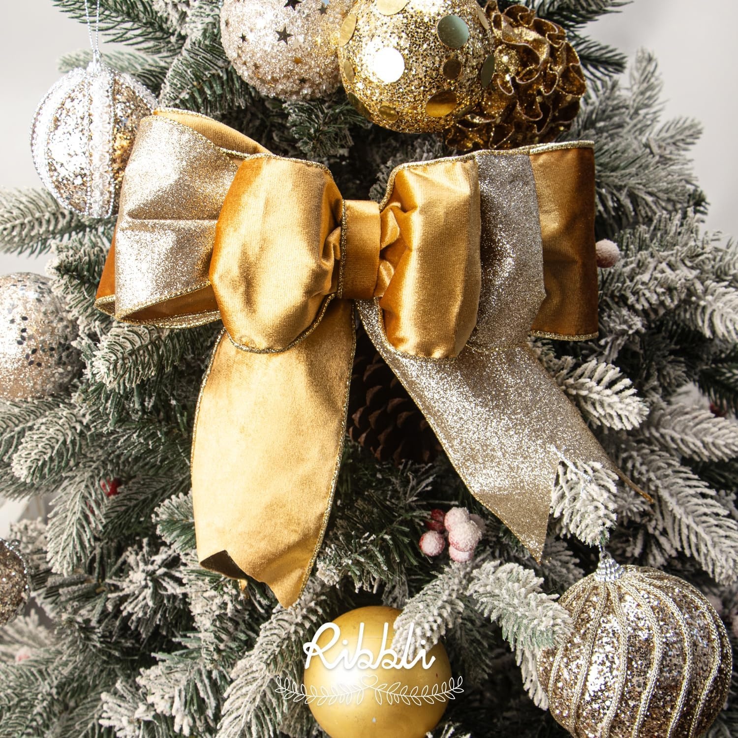 Ribbli Moss Green Velvet Ribbon Wired 2.5 Inch Glossy Velvet with Gold Glitter Christmas Ribbon for Christmas Tree Decoration Big Bow Gift Wrapping Crafts Wreaths Supplies – Continuous 10 Yards(Gold)