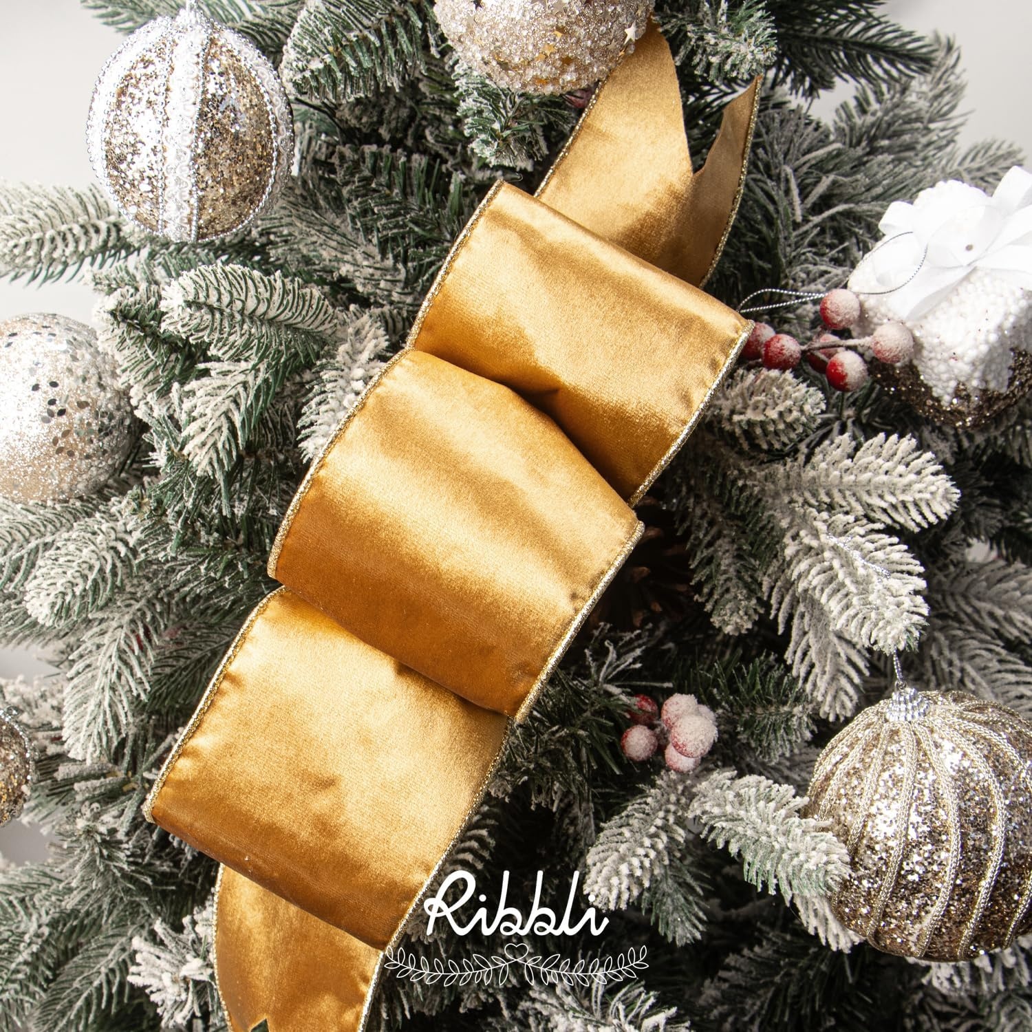 Ribbli Moss Green Velvet Ribbon Wired 2.5 Inch Glossy Velvet with Gold Glitter Christmas Ribbon for Christmas Tree Decoration Big Bow Gift Wrapping Crafts Wreaths Supplies – Continuous 10 Yards(Gold)