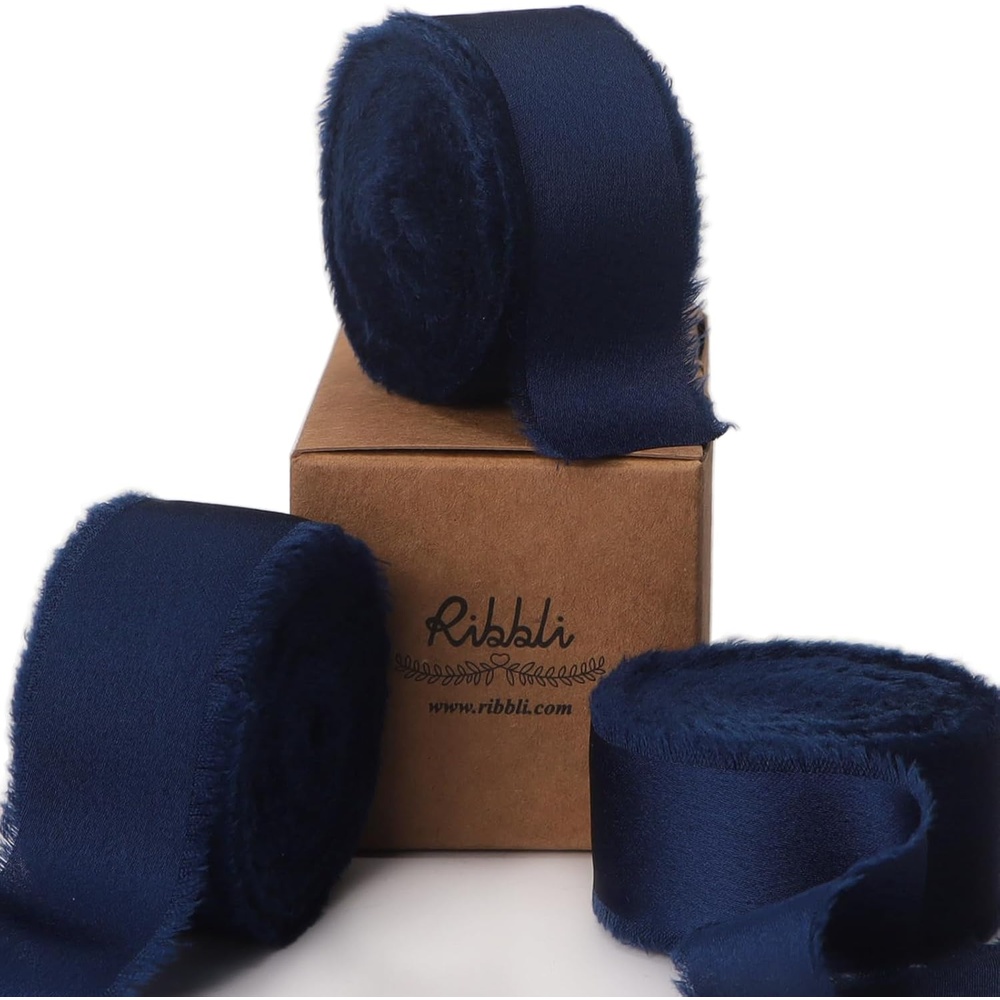 Ribbli Terracotta Silk Satin Ribbon 1.5 Inch x 30 Yard Handmade Frayed Chiffon Burnt Orange Ribbon for Gift Wrapping Wedding Invitations Bridal Bouquets Home Decor(Navy)