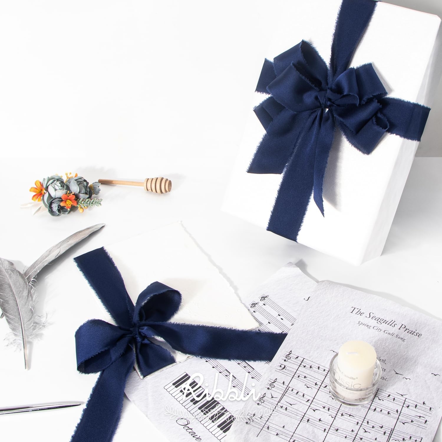 Ribbli Terracotta Silk Satin Ribbon 1.5 Inch x 30 Yard Handmade Frayed Chiffon Burnt Orange Ribbon for Gift Wrapping Wedding Invitations Bridal Bouquets Home Decor(Navy)