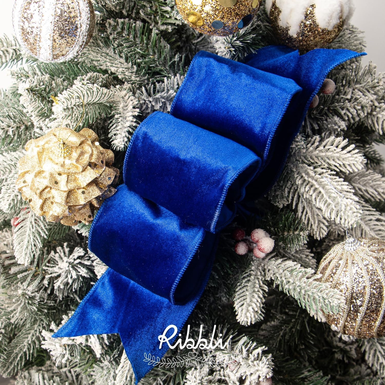 Ribbli Dusty Green Velvet Wired Ribbon 4 Inch Sage Velvet with Satin Christmas Ribbon for Gift Wrapping Christmas Tree Decoration Crafts Wreaths Supplies-Continuous 10 Yards(Royal Blue)