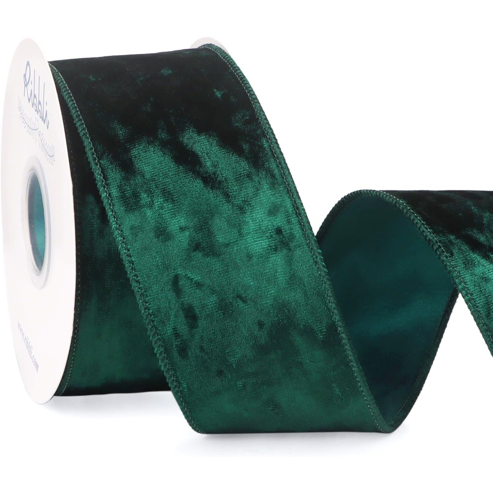 Ribbli Royal Blue Velvet Wired Ribbon 4 Inch Crushed Velvet Christmas Ribbon for Gift Wrapping Christmas Tree Decoration Crafts Wreaths Supplies-Continuous 10 Yards(Dark Green)