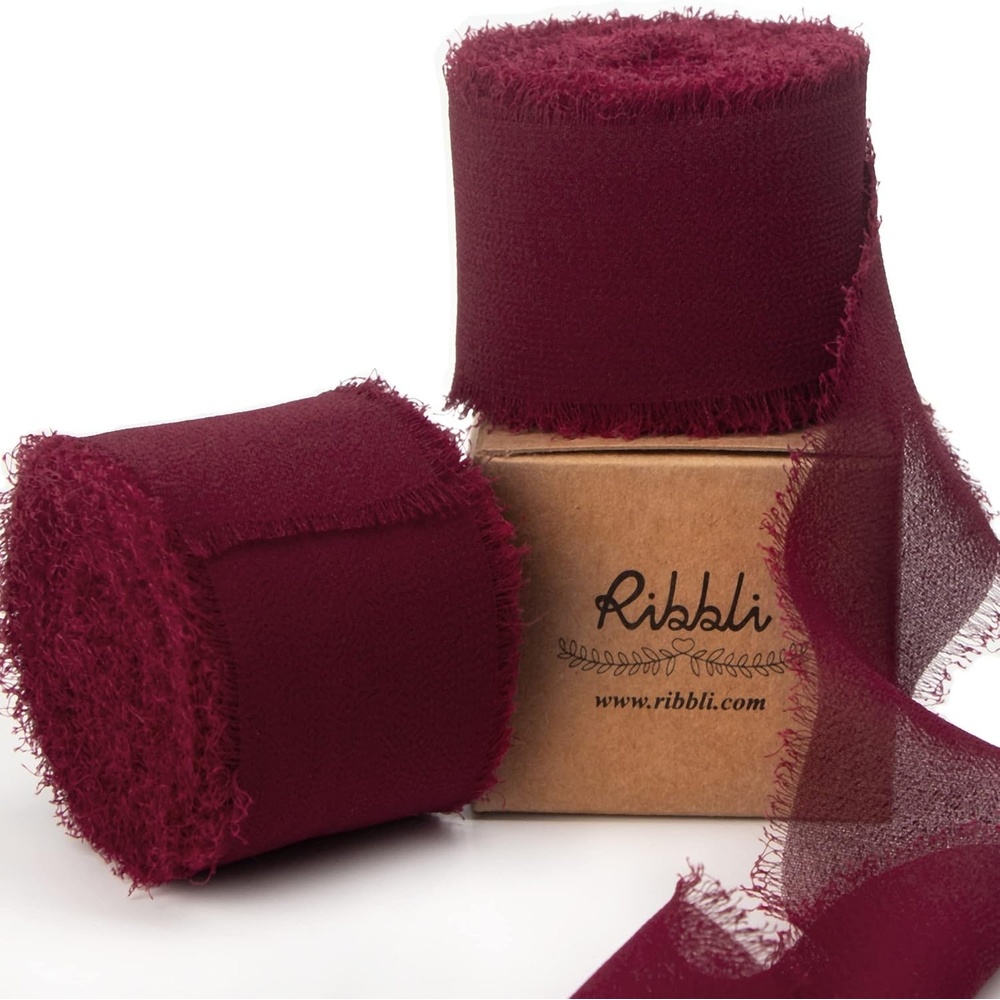 Ribbli Antique Mauve Chiffon Ribbon 1-1/2 inch x 20 Yard Handmade Fringe Chiffon Silk Ribbon,Black Ribbon for Wedding Invitations, Bridal Bouquets Wrapping, Flower Arrangement Decoration(Burgundy)