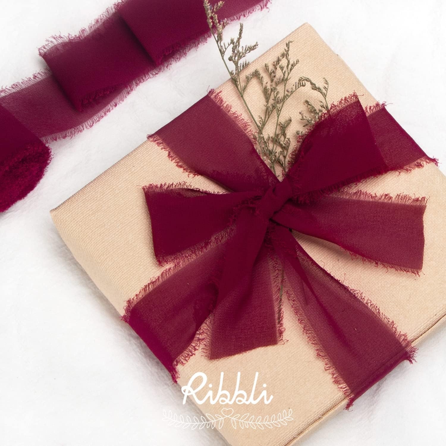 Ribbli Antique Mauve Chiffon Ribbon 1-1/2 inch x 20 Yard Handmade Fringe Chiffon Silk Ribbon,Black Ribbon for Wedding Invitations, Bridal Bouquets Wrapping, Flower Arrangement Decoration(Burgundy)