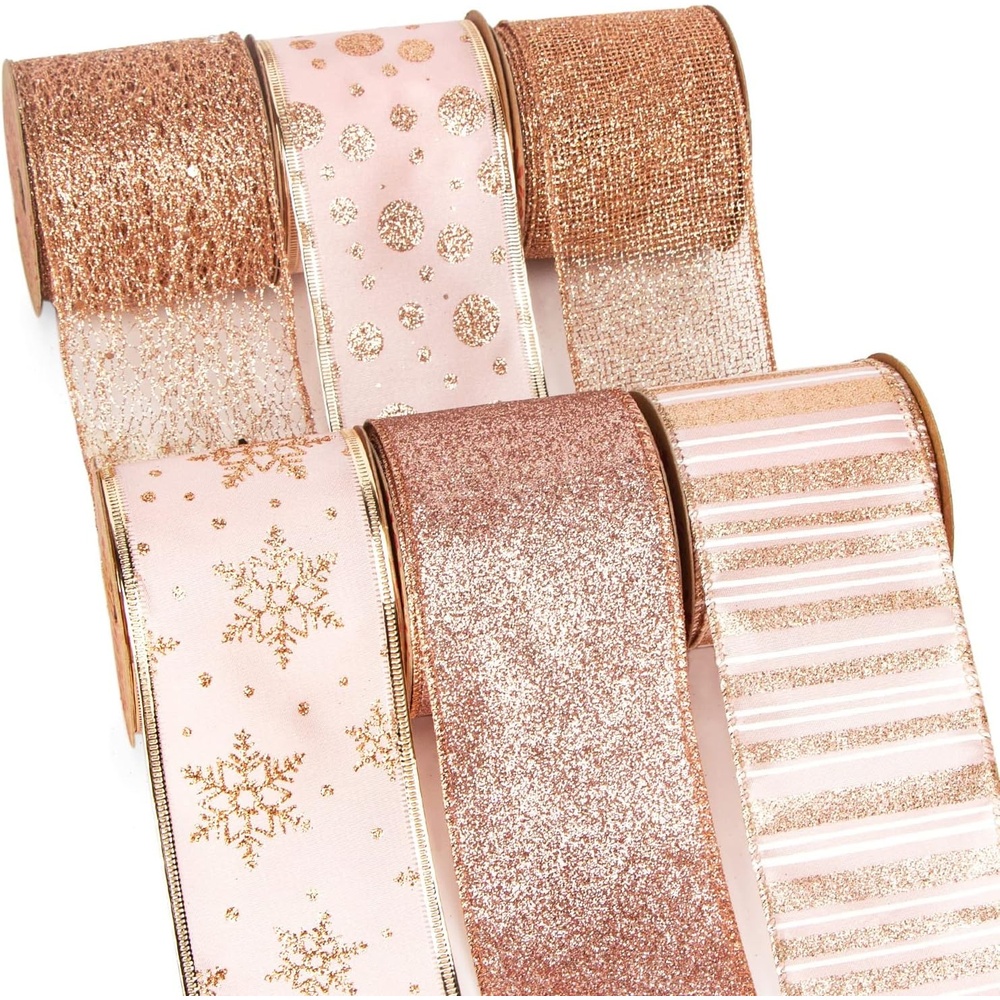 Ribbli Rose Gold Glitter Christmas Ribbon for Tree, Crafts, Gift Wrapping, Wreaths, Garland – 2.5 Inch x 6 Rolls, 36 Yards Total(Rose Gold)