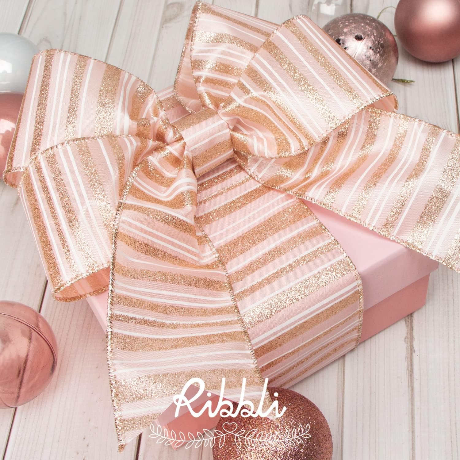 Ribbli Rose Gold Glitter Christmas Ribbon for Tree, Crafts, Gift Wrapping, Wreaths, Garland – 2.5 Inch x 6 Rolls, 36 Yards Total(Rose Gold)