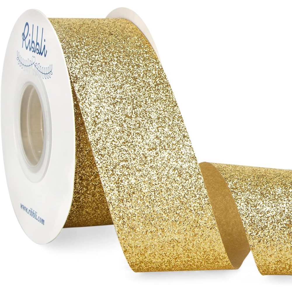 Ribbli Royal Blue Glitter Ribbon,Gift Wrapping Cut Edge Christmas Ribbon for Crafts, Chritmas Tree Decoration,Ornaments Decoration,Home Decor, 3/8 Inch x 25 Yards(Gold)