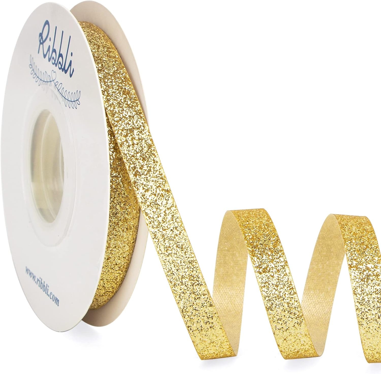 Ribbli Royal Blue Glitter Ribbon,Gift Wrapping Cut Edge Christmas Ribbon for Crafts, Chritmas Tree Decoration,Ornaments Decoration,Home Decor, 3/8 Inch x 25 Yards(Gold)