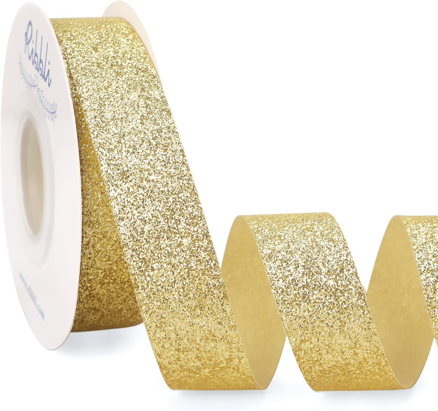Ribbli Royal Blue Glitter Ribbon,Gift Wrapping Cut Edge Christmas Ribbon for Crafts, Chritmas Tree Decoration,Ornaments Decoration,Home Decor, 3/8 Inch x 25 Yards(Gold)