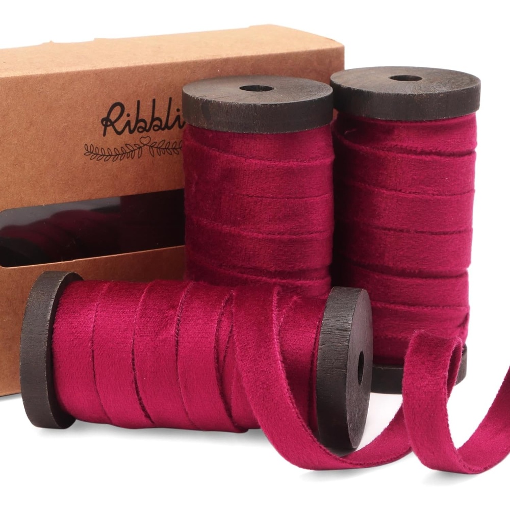 Ribbli Antique Gold Velvet Ribbon 3 Rolls Double Faced 3/8 Inch 18-Yard with Wooden Spool Use for Christmas Tree Ornaments Gift Wrapping Wreath Decoration Wedding Boutonnieres(Burgundy)