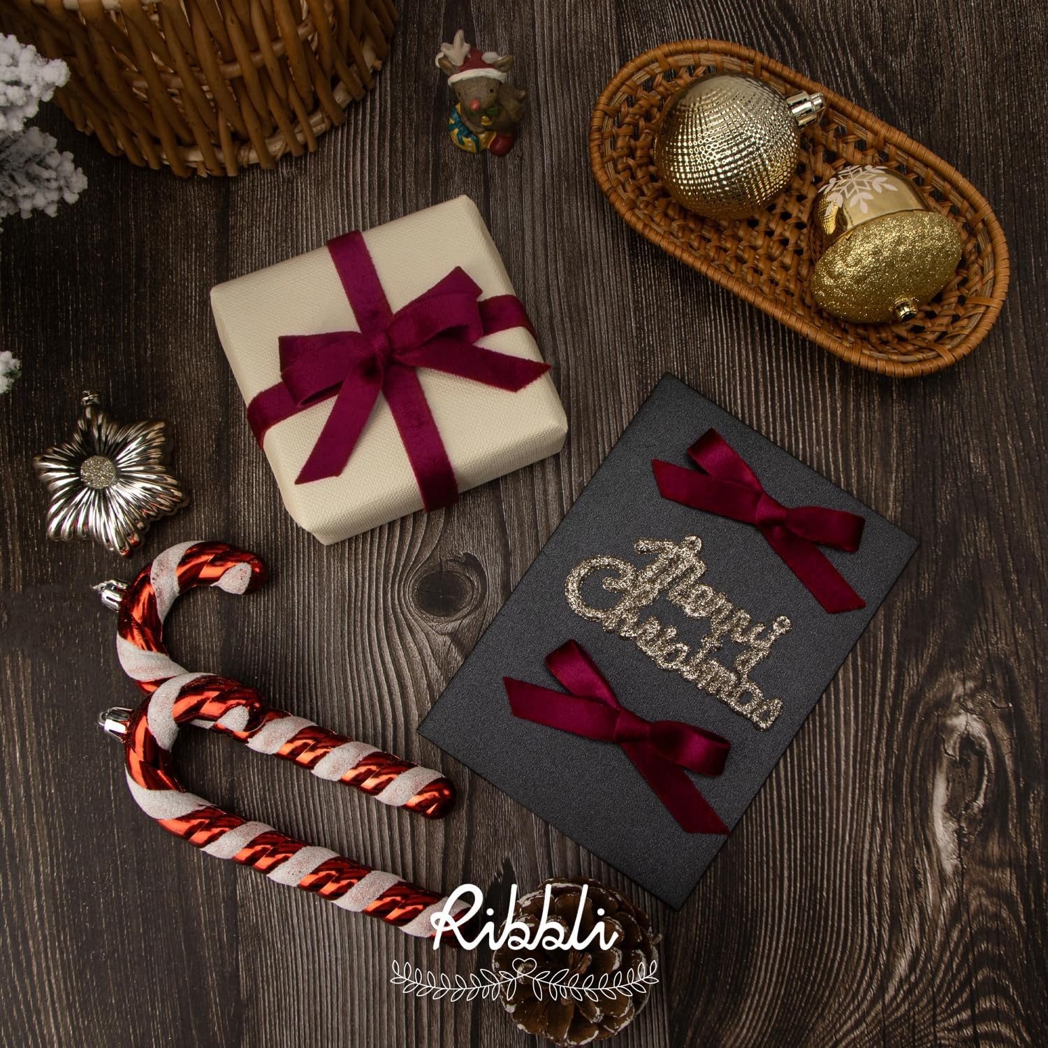 Ribbli Antique Gold Velvet Ribbon 3 Rolls Double Faced 3/8 Inch 18-Yard with Wooden Spool Use for Christmas Tree Ornaments Gift Wrapping Wreath Decoration Wedding Boutonnieres(Burgundy)