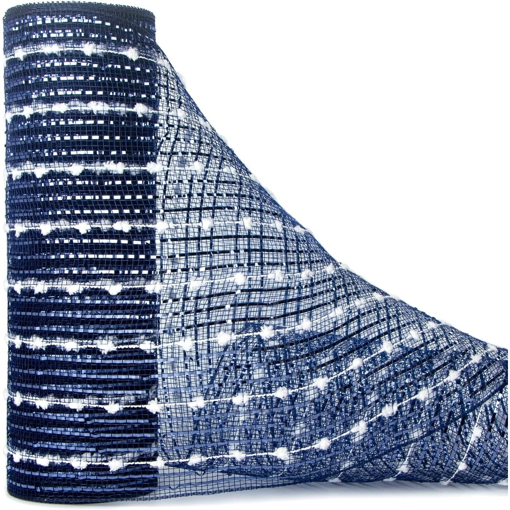 Ribbli Christmas Tree Decor, Metallic Mesh Ribbon, 10 in x 30 ft (10 Yards), Red with Wide Foil, for Wreaths & Trees(Navy/White)