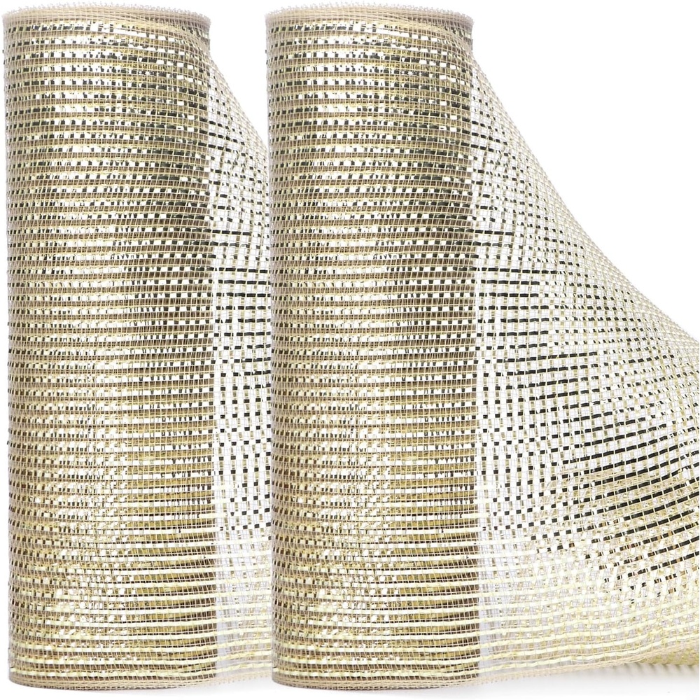 Ribbli 2 Rolls Burlap Mesh Ribbon,10 inch x 30 feet(10Yard) Each Roll,Natural with Jute,Use for Wreath Swags and Decorating(Champagne)