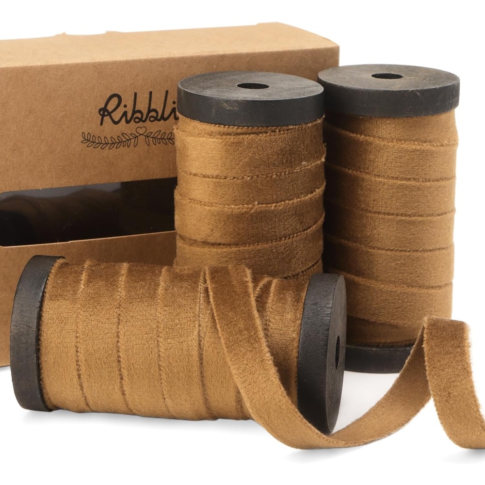 Ribbli Antique Gold Velvet Ribbon 3 Rolls Double Faced 3/8 Inch 18-Yard with Wooden Spool Use for Christmas Tree Ornaments Gift Wrapping Wreath Decoration Wedding Boutonnieres(Khaki)