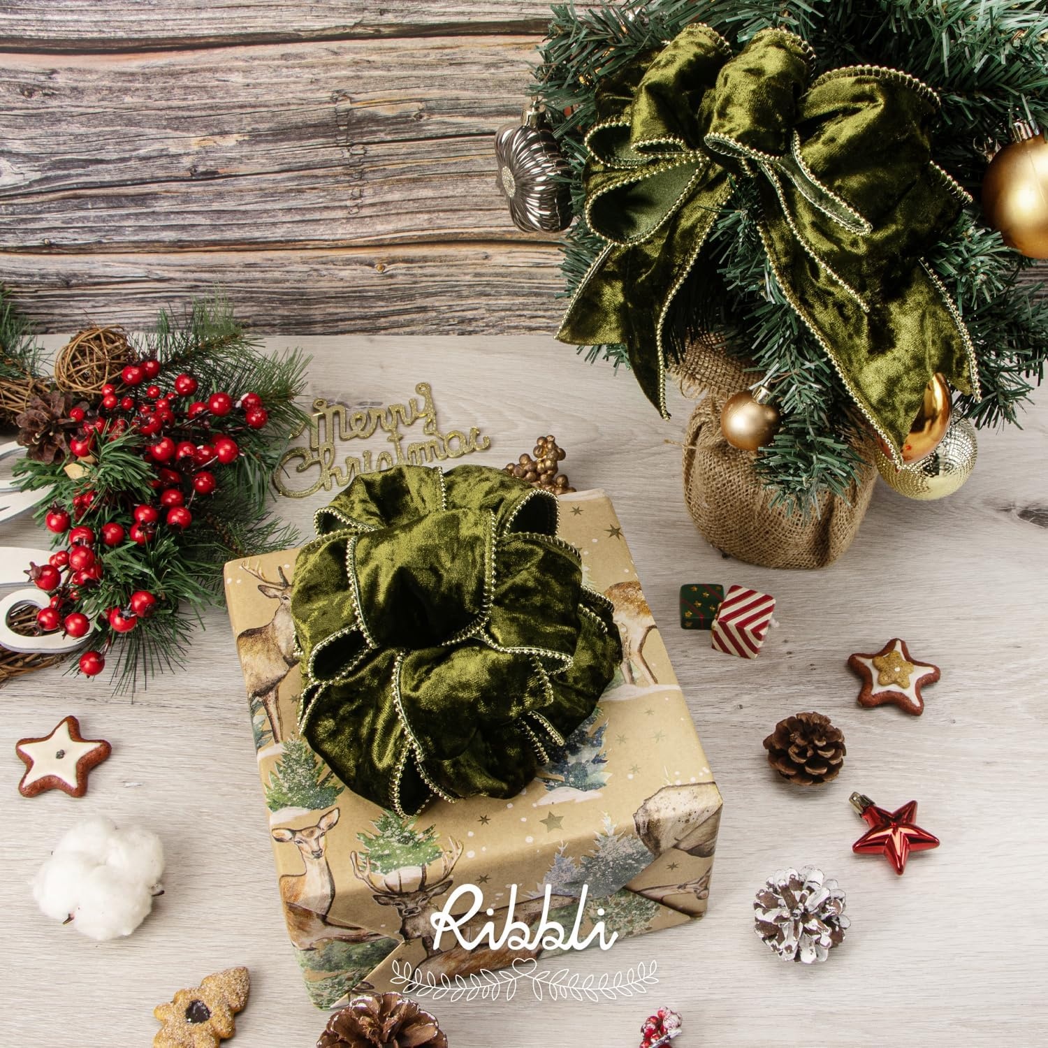 Ribbli Red Crushed Velvet Wired Ribbon with Beaded Pearl Edge, 2-1/2 Inch 10-Yard for Gift Wrapping Christmas Tree Decoration Crafts Wreaths Supplies(Olive Green)