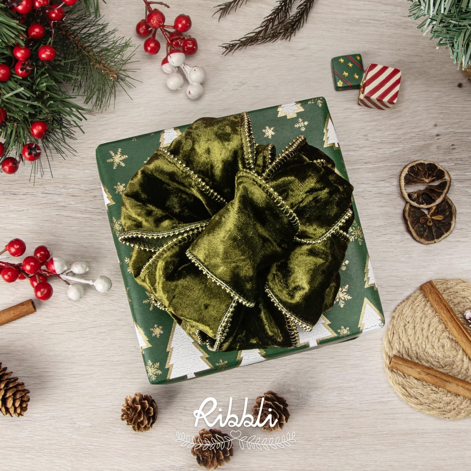 Ribbli Red Crushed Velvet Wired Ribbon with Beaded Pearl Edge, 2-1/2 Inch 10-Yard for Gift Wrapping Christmas Tree Decoration Crafts Wreaths Supplies(Olive Green)