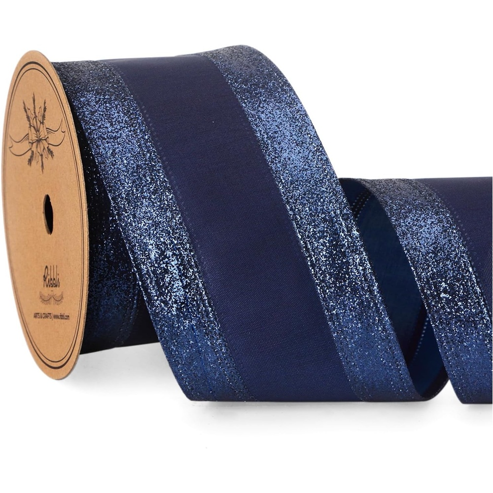 Ribbli Champagne Gold Wired Ribbon Satin with Glitter Edge 2.5 Inch Champagne Christmas Ribbon for Tree Gift Wrapping Wreaths Garland Topper Bows Crafts Home Decor -10 Yards(Navy)