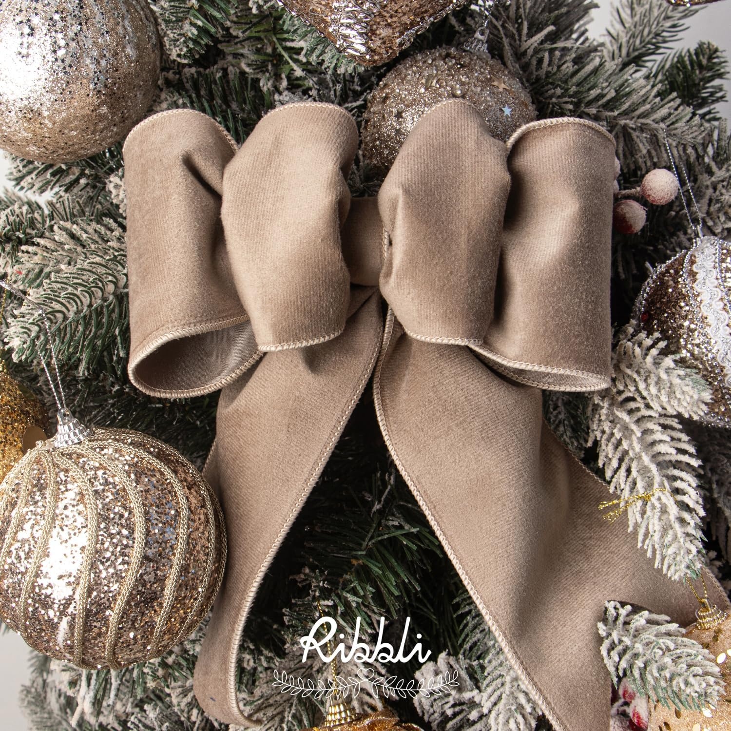 Ribbli Sage Green Velvet Wired Ribbon with Dupioni 4 Inch Christmas Ribbon for Gift Wrapping Christmas Tree Decoration Crafts Wreaths Supplies-Continuous 10 Yards(Camel)
