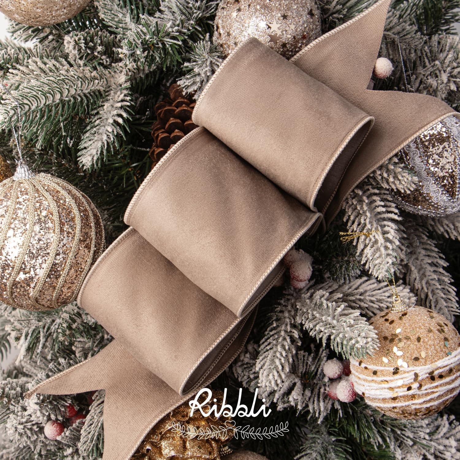 Ribbli Sage Green Velvet Wired Ribbon with Dupioni 4 Inch Christmas Ribbon for Gift Wrapping Christmas Tree Decoration Crafts Wreaths Supplies-Continuous 10 Yards(Camel)