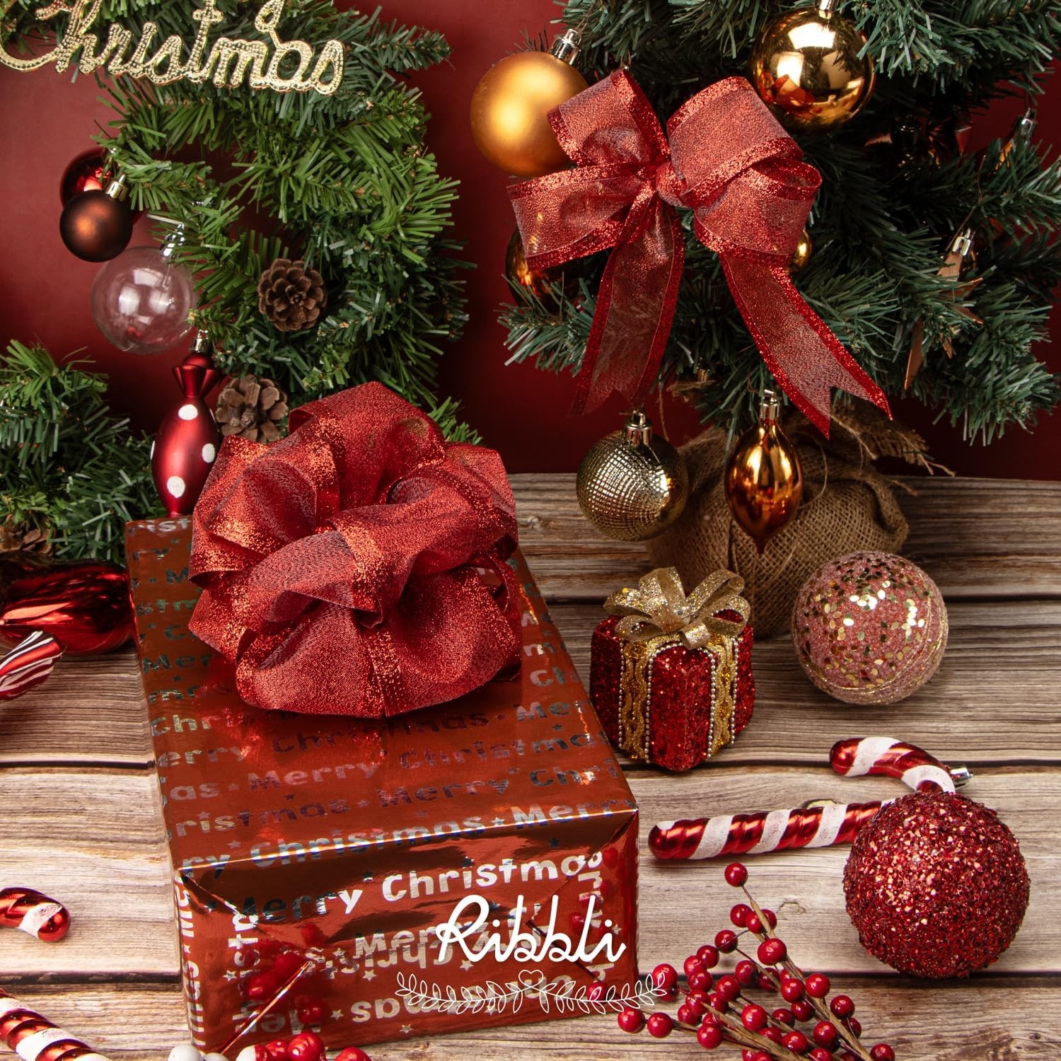 Ribbli Red Christmas Wired Ribbon, Metallic Wired Ribbon with Glitter Edge 2-1/2 Inch x 10 Yard for Christmas Tree Decoration, Gift Wrapping, Wreaths Supplies, Swag, Holiday Decor(Red)