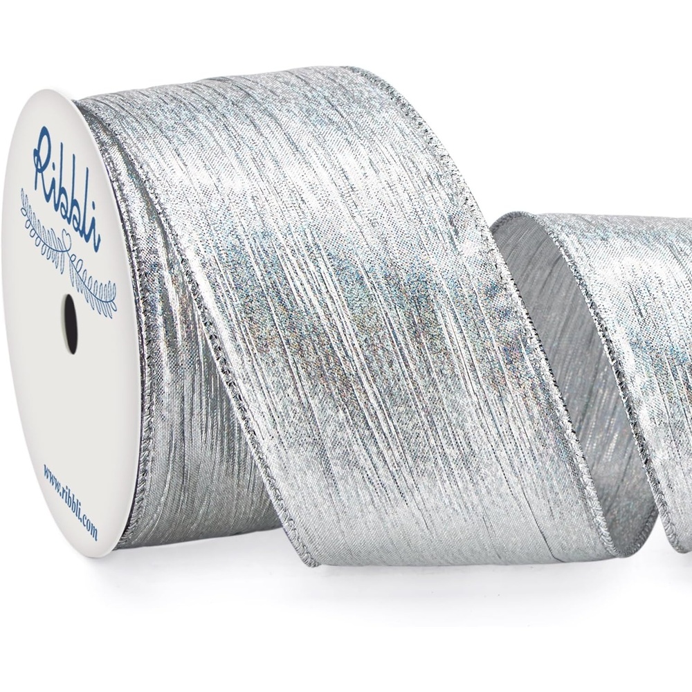 Ribbli Champagne Pink Crinkled Wired Ribbon with Metallic Edge, Pink Christmas Ribbon for Garland, Wreaths,Topper Bow,Swags, Christmas Tree Decoration 2-1/2 Inch x 10 Yard(Silver (Iridescent))