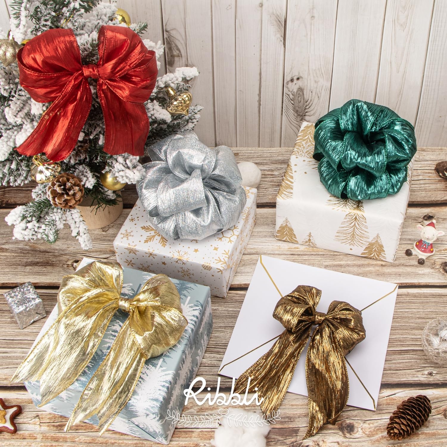 Ribbli Champagne Pink Crinkled Wired Ribbon with Metallic Edge, Pink Christmas Ribbon for Garland, Wreaths,Topper Bow,Swags, Christmas Tree Decoration 2-1/2 Inch x 10 Yard(Silver (Iridescent))