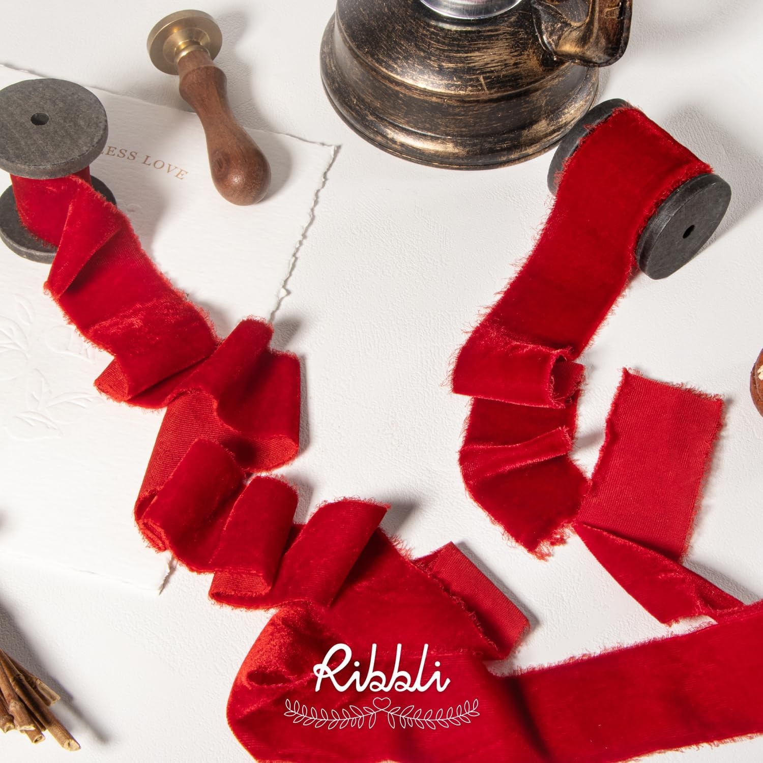 Ribbli Light Champagne Velvet Ribbon 1.5 Inch Handmade Frayed Christmas Ribbon for Gift Wrapping Christmas Tree Ornament Wreath Craft Home Decor -Total 3 Yards with Wooden Spool(Red)