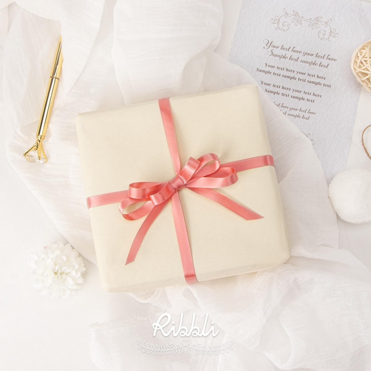 Ribbli Champagne Gold Satin Ribbon Double Faced Satin 3/8 Inch x Continuous 50 Yards-Champagne Ribbon for Gift Wrapping Crafts Wedding Decoration Bows Bouquet Floral Arrangement(Rose Gold)