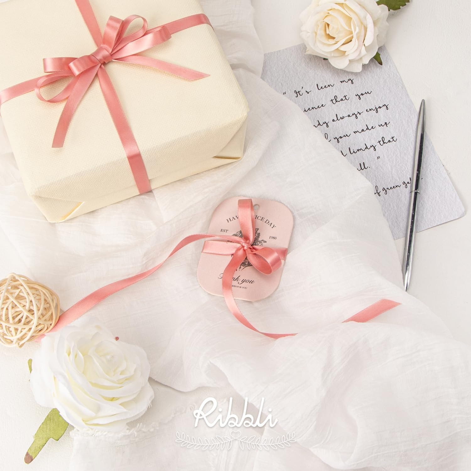 Ribbli Champagne Gold Satin Ribbon Double Faced Satin 3/8 Inch x Continuous 50 Yards-Champagne Ribbon for Gift Wrapping Crafts Wedding Decoration Bows Bouquet Floral Arrangement(Rose Gold)