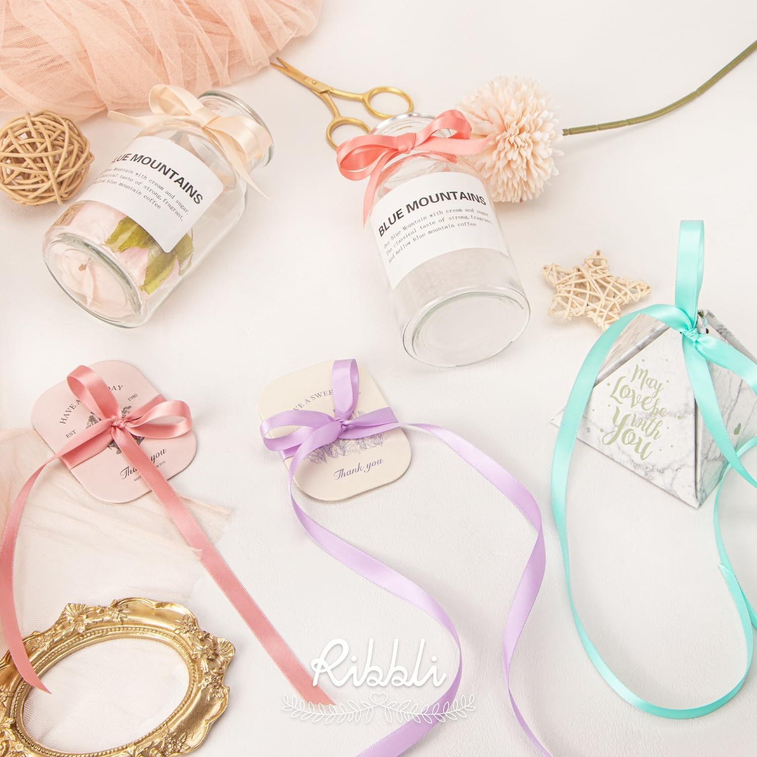 Ribbli Champagne Gold Satin Ribbon Double Faced Satin 3/8 Inch x Continuous 50 Yards-Champagne Ribbon for Gift Wrapping Crafts Wedding Decoration Bows Bouquet Floral Arrangement(Light Coral)