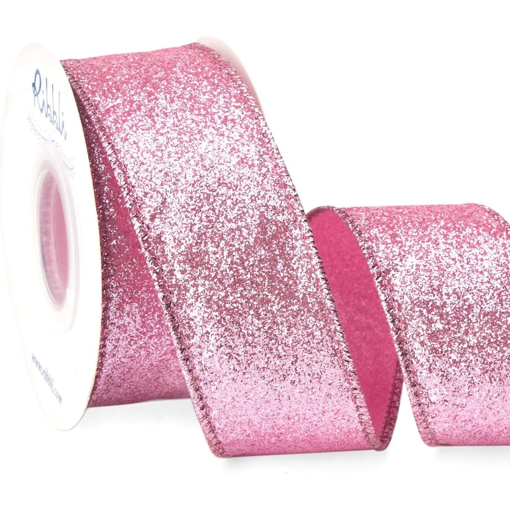 Ribbli Turquoise Blue Glitter Wired Ribbon,Turquoise with Metallic Edge,Christmas Ribbon for Wreath, Christmas Tree Decoration, Gift Wrapping,Home Decor, 2-1/2 Inch x 10 Yards(Pink)