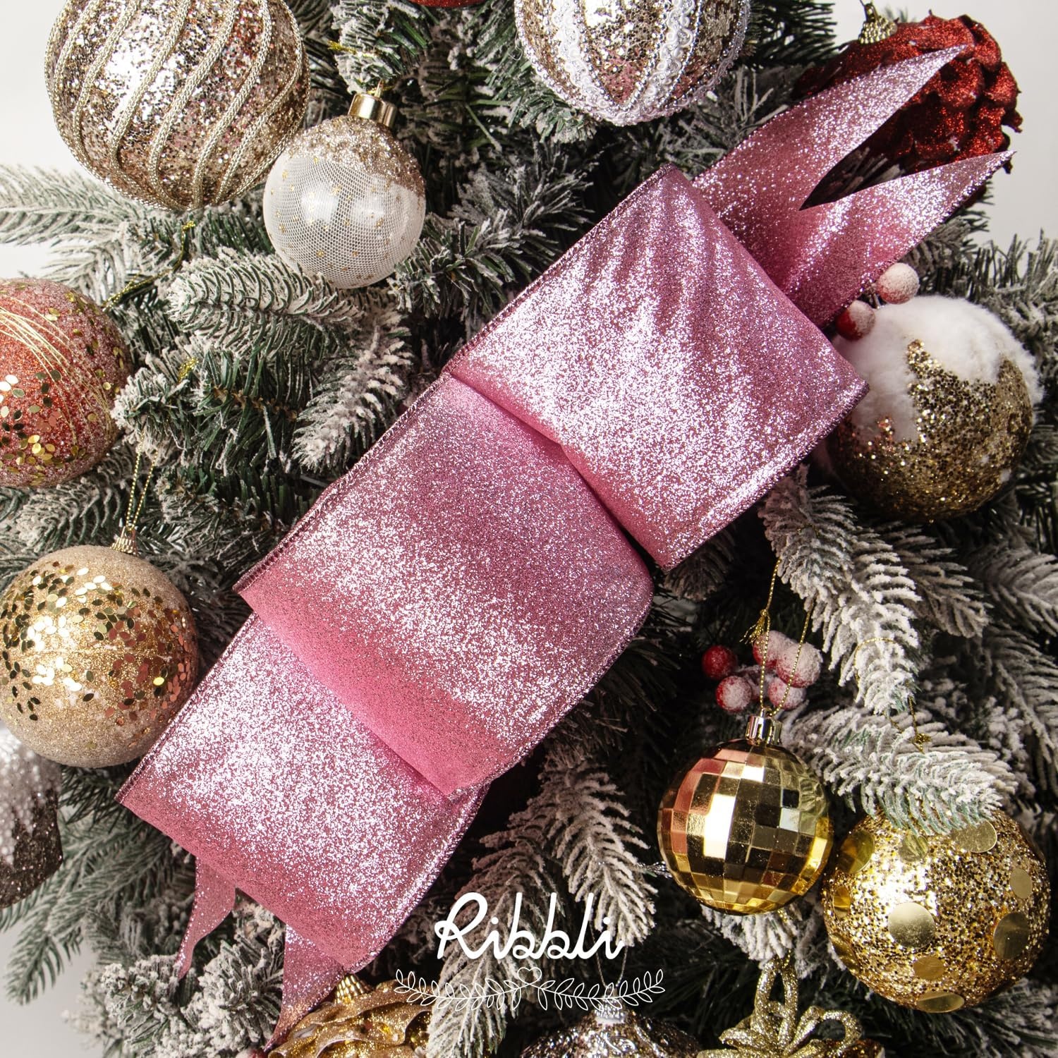 Ribbli Turquoise Blue Glitter Wired Ribbon,Turquoise with Metallic Edge,Christmas Ribbon for Wreath, Christmas Tree Decoration, Gift Wrapping,Home Decor, 2-1/2 Inch x 10 Yards(Pink)